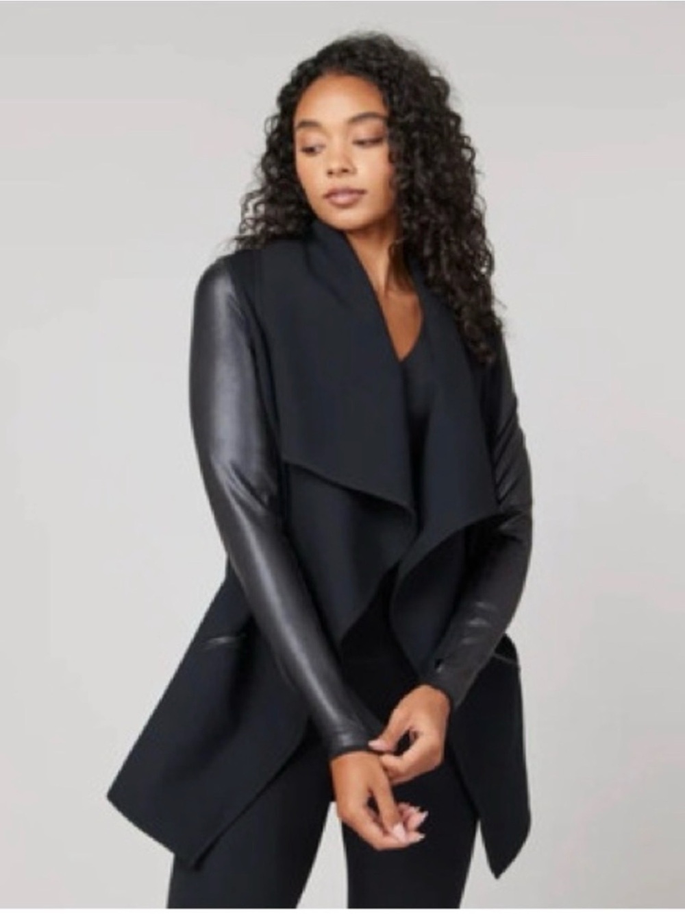 SPANX Black Draped Leather-Trim Jacket